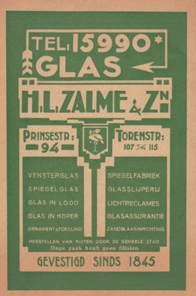 H.L. Zalme & Zn, glashandel, Prinsestraat 94, 1928
