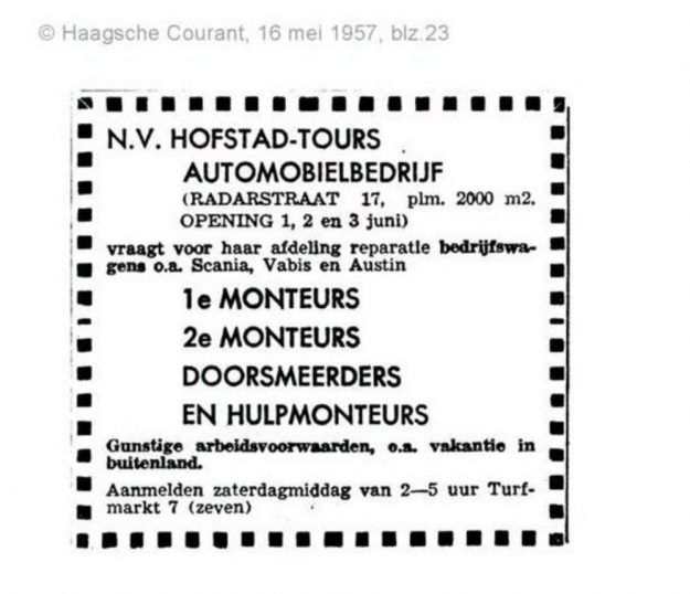 Hofstad tours, Radarstraat 17, 1957