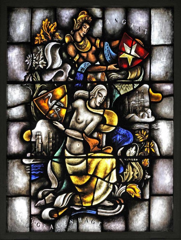 Een van de meerdere glas-in-loodramen in het hoofdtrappenhuis van de hoofdkantoor van Shell. Shell, Van Bylandtlaan, jaren 50