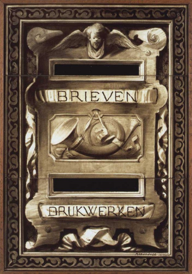 Een keramiek plaat, die diende als voorplaat van een brievenbus in een postkantoor, in 1907 vervaardigd door de firma Rozenburg. Rozenburg, keramiekfabriek, Buitenom, 1907