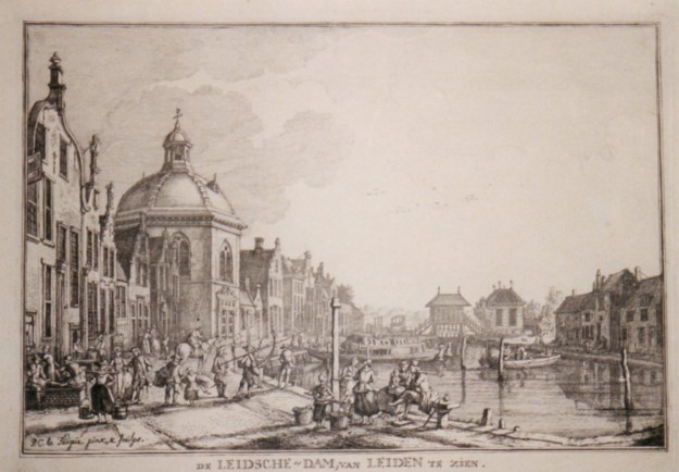 De Leidschen dam vanuit Leiden gezien. Sluis , Leidschendam, ca. 1770