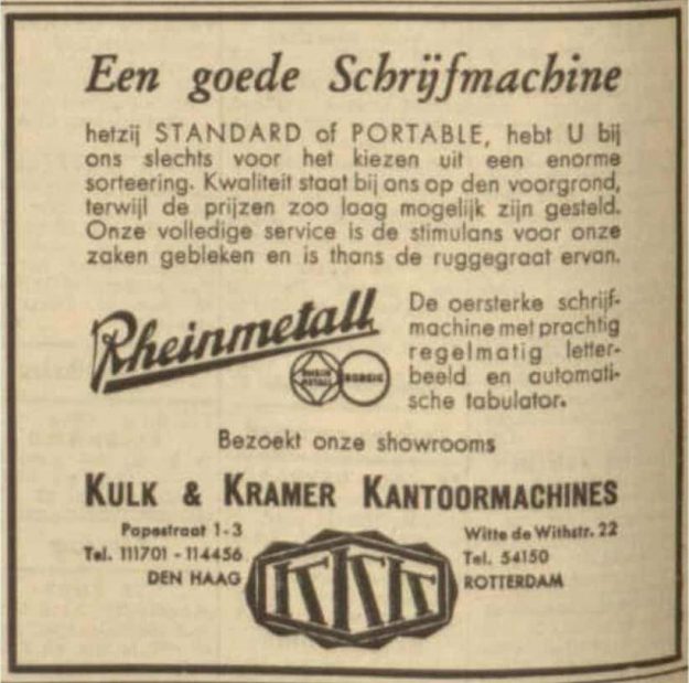 Kulk & Kramer, kantoormachines, Papestraat 1-3, 1940