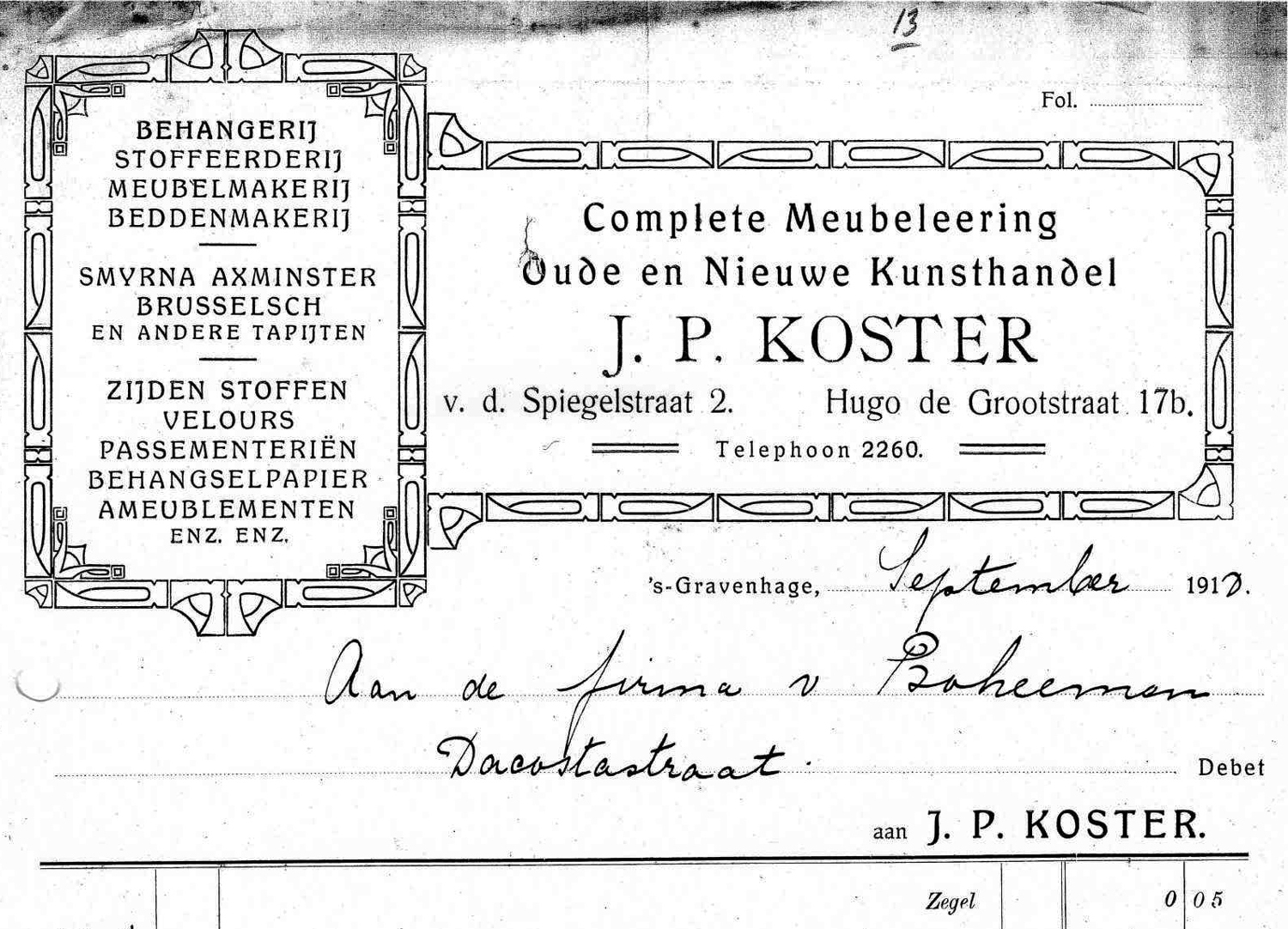 J.P. Koster, meubilering en kunsthandel, Van der Spiegelstraat 2, ca. 1910