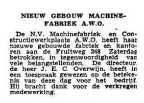 Kranten bericht over de nieuwe vestiging van AWO, Fruitweg, 1948