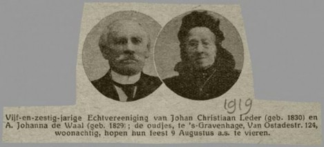 Krantenbericht van de 65-jarige huwelijk van Johan CHristiaan Leder, 1919. Horrix, meubelfabriek, Hoefkade, 1919