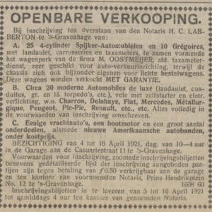 Oostmeijer, garagebedrijf en taxionderneming, Casuaristraat 11, 1921.