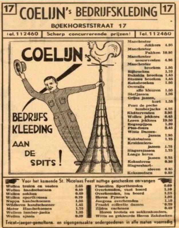 Coelijn's Bedrijfskleding, Boekhorststraat 17, 1935