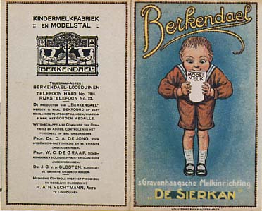 Reclamefolder van De Sierkan over de modelboerderij en kindermelkfabriek Berkendael, ca. 1920. De Sierkan, melkinrichting, Berkendael, Loosduinen, ca. 1920