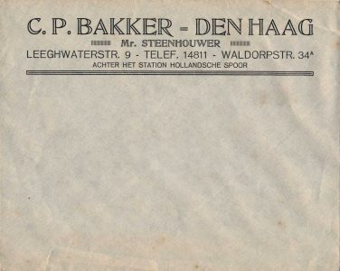 Envelop steenhouwerij Bakker, Waldorpstraat, jaren 20