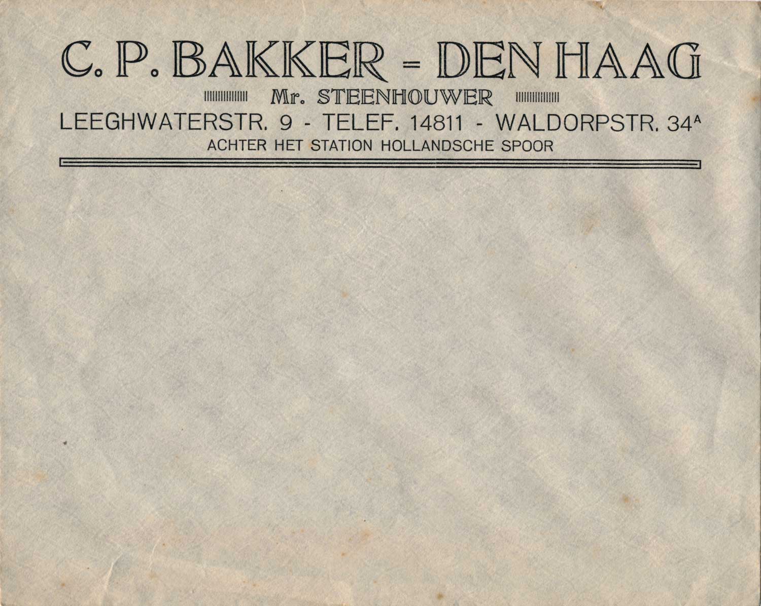 Envelop steenhouwerij Bakker, Waldorpstraat, jaren 20