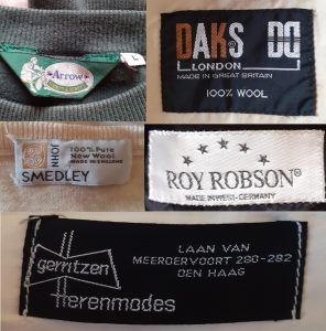Een diversiteit aan kledingmerkjes, die door de firma gevoerd werden.