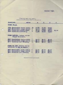 De prijslijst van de winkel uit 1936.