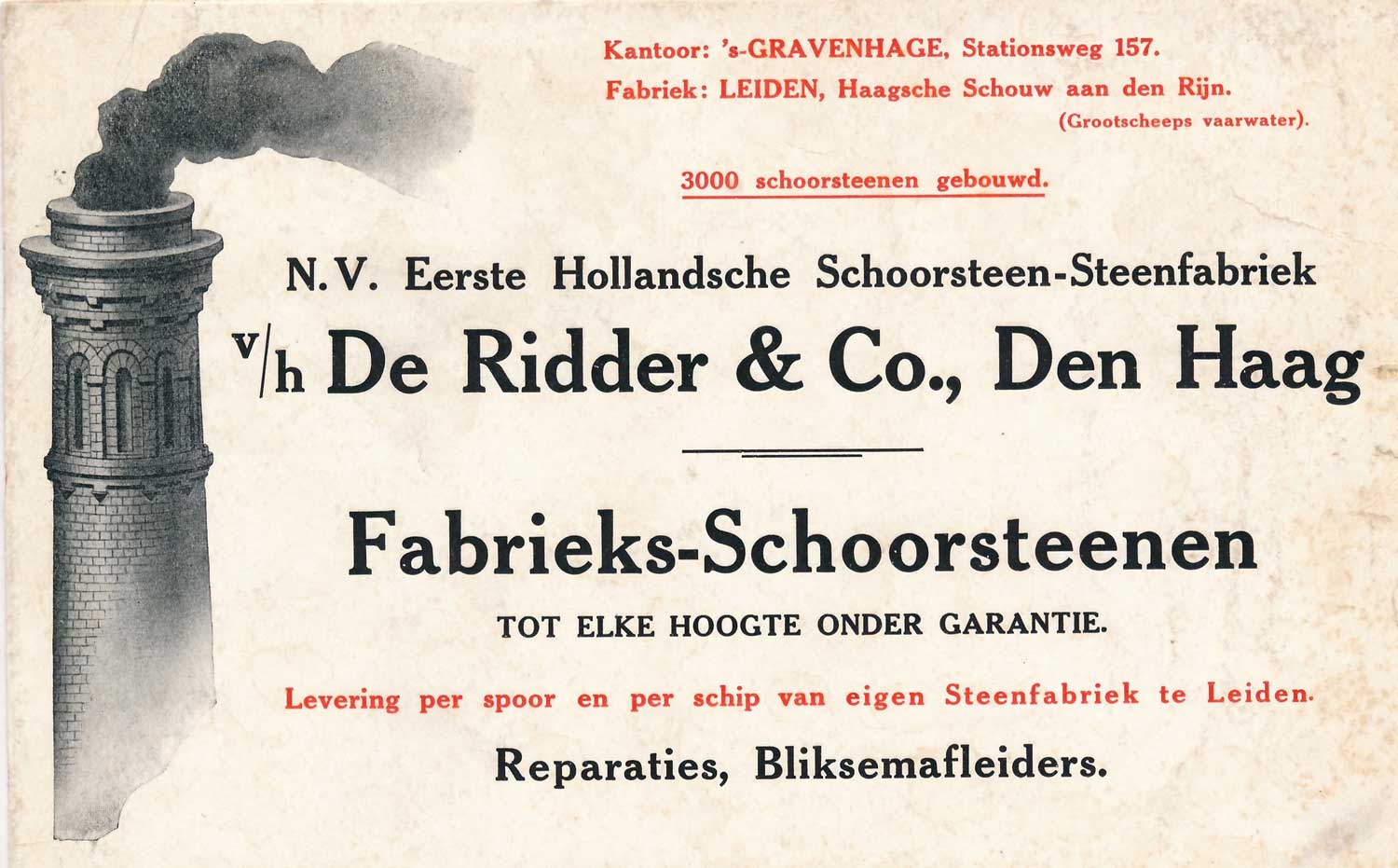 De Ridder, fabrieksschoorsteenbouw, Stationsweg 157, ca. 1910